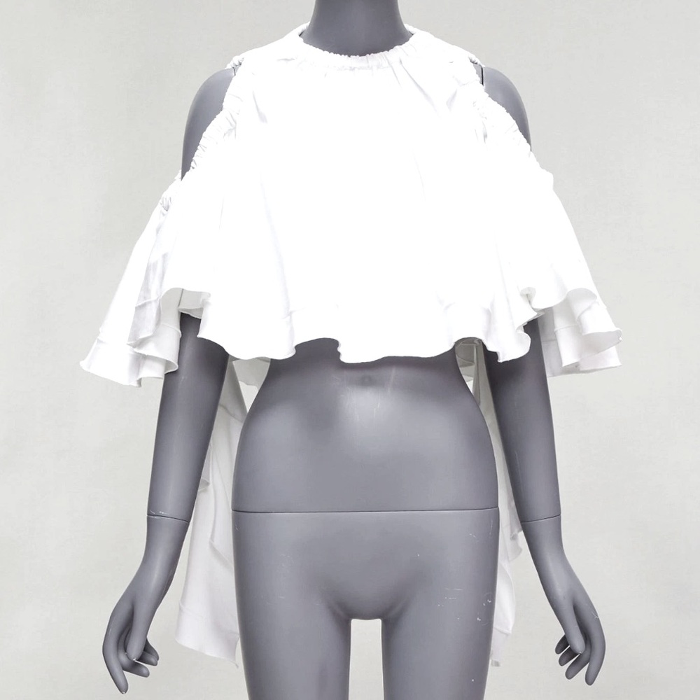 Ellery White Ruffled Cold-Shoulder Crop Top